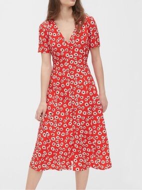 GAP Red Daisy Floral Midi Dress Button Front Cottagecore Size 8